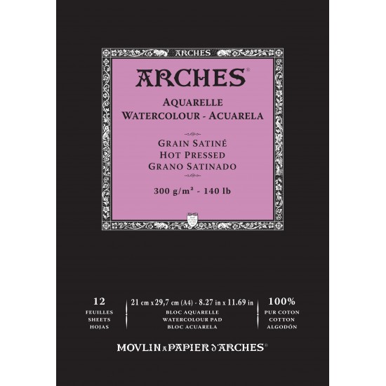 ARCHES AQUARELLE HOT PRESSED 12 SHEETS 300G 100% COTON